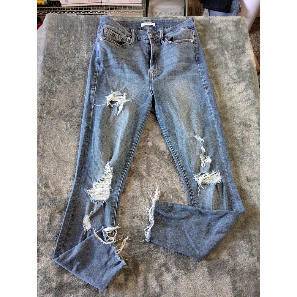 Good American Good Waist Distressed Skinny Jeans Blue‎ Ripped Raw Hem Women 4/27